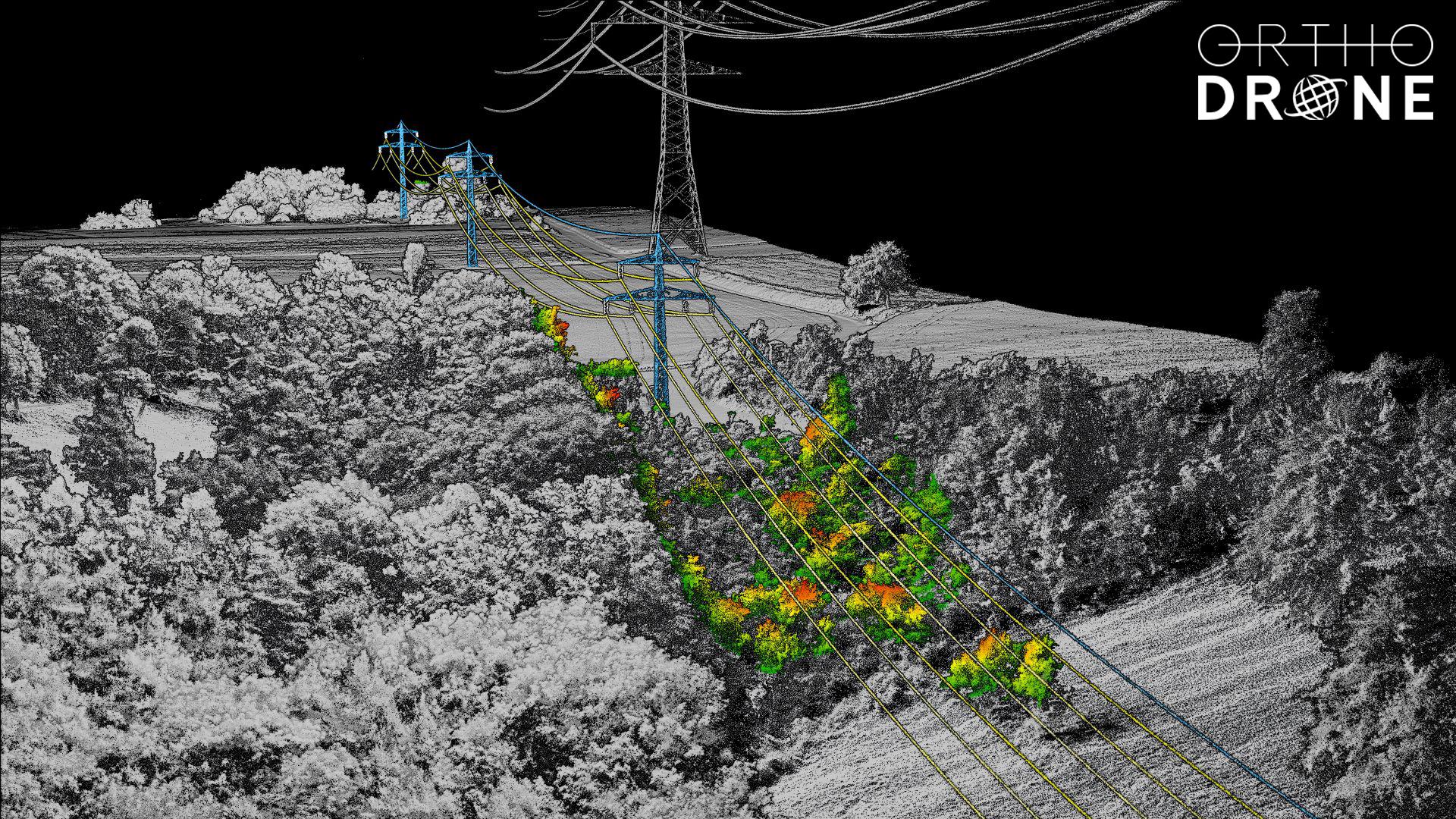 Orthodrone ULS point cloud of uncrewed lidar powerline survey, clearly visible powerlines, comprehensive vegetation analysis