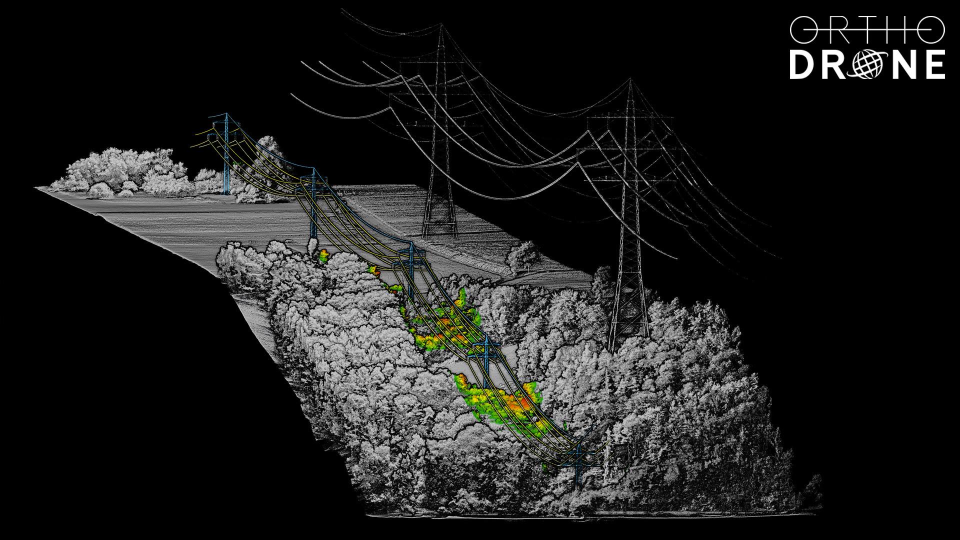 ULS point cloud of one of Orthodrone's uncrewed lidar powerline surveys, clearly visible powerlines and vegetation analysis 