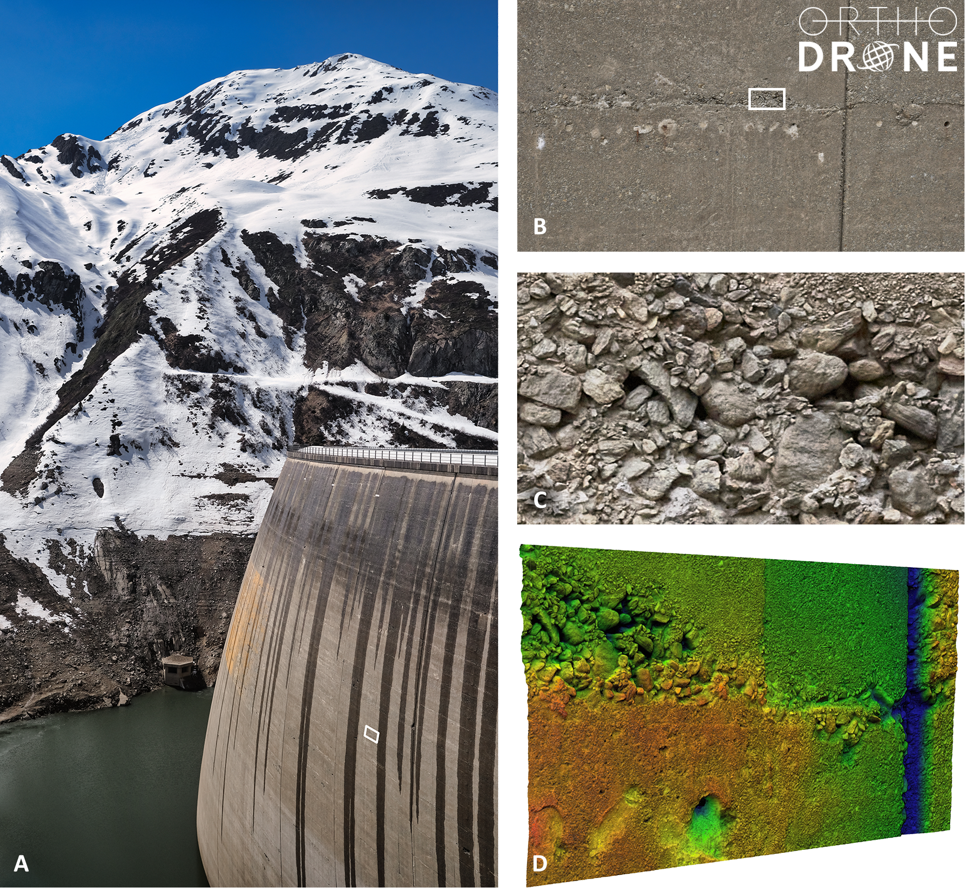 Deliverables of a sub-millimeter-resolution UAS dam survey by Orthodrone:  photogrammetry images and a 3D point cloud